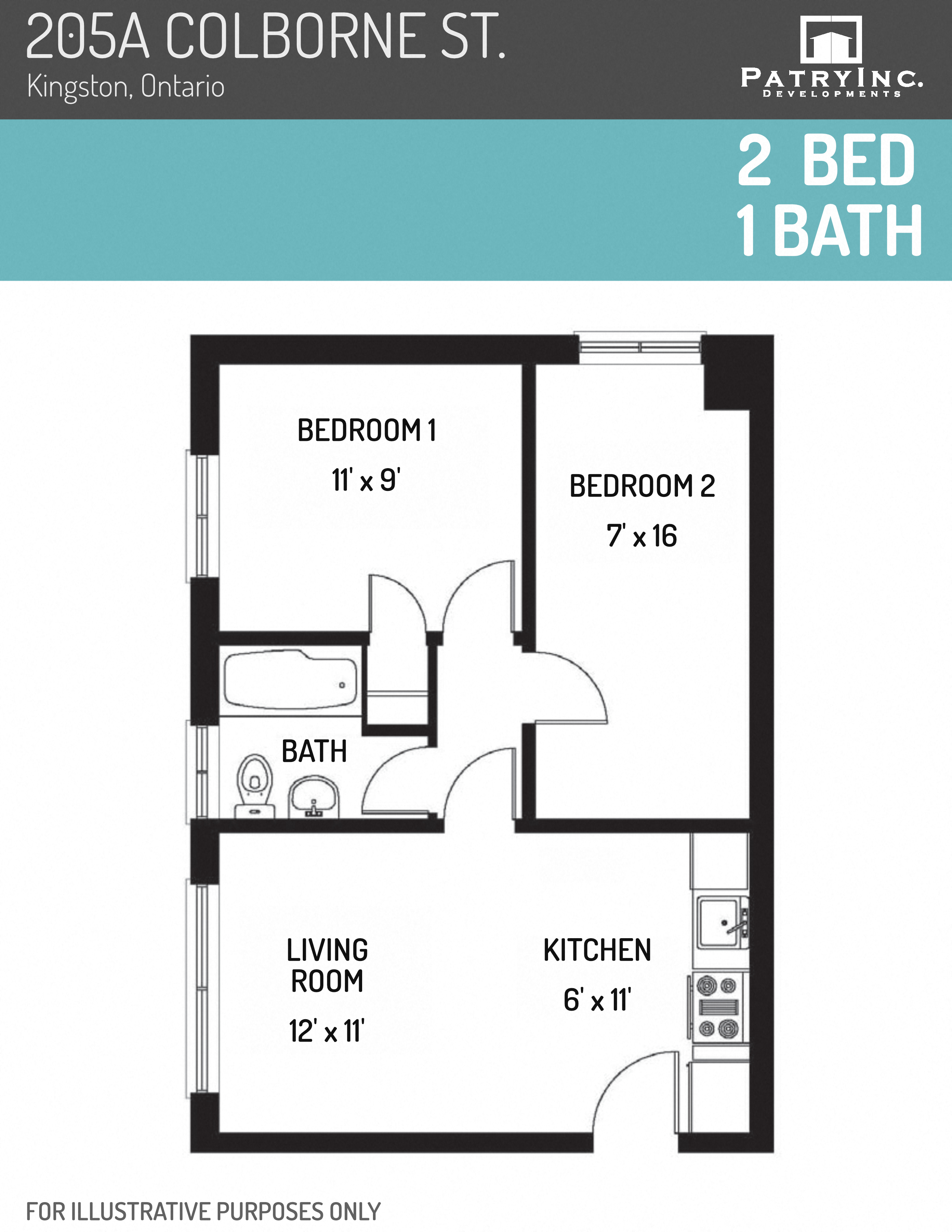 Floor plan for 2 beds, 1 bath, 470 sqft
